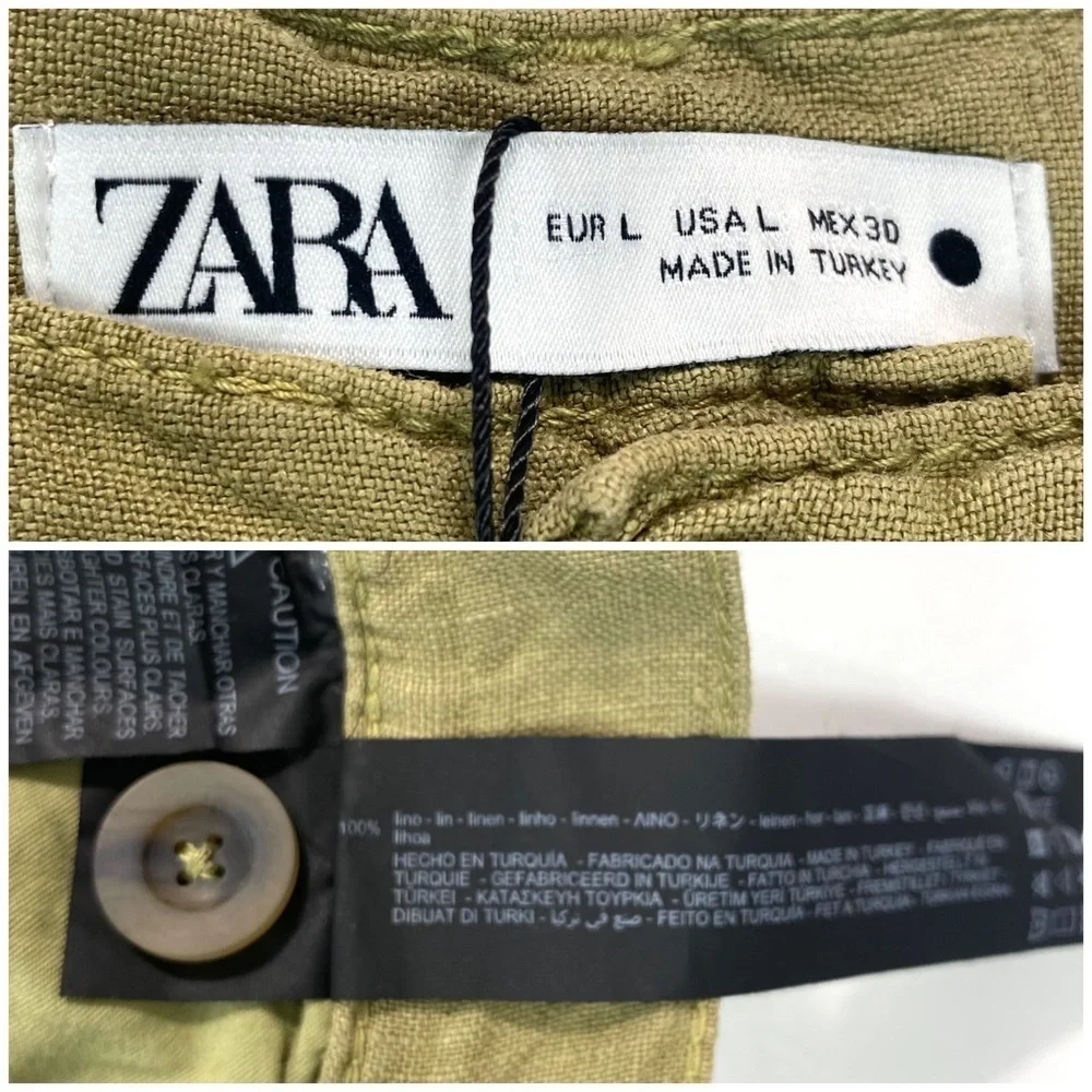 ZARA 100% Linen High Rise Wide Leg Pants in Khaki Size L New with Tags
